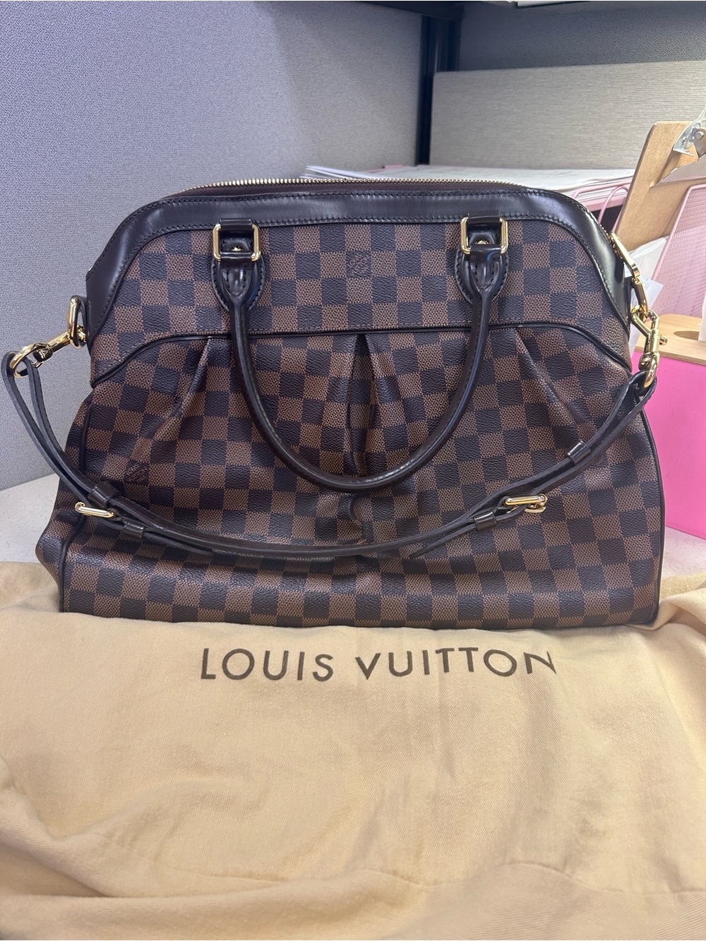 Louis Vuitton Brown Damier Ebene Check Shoulder Bag with Gold Hardware